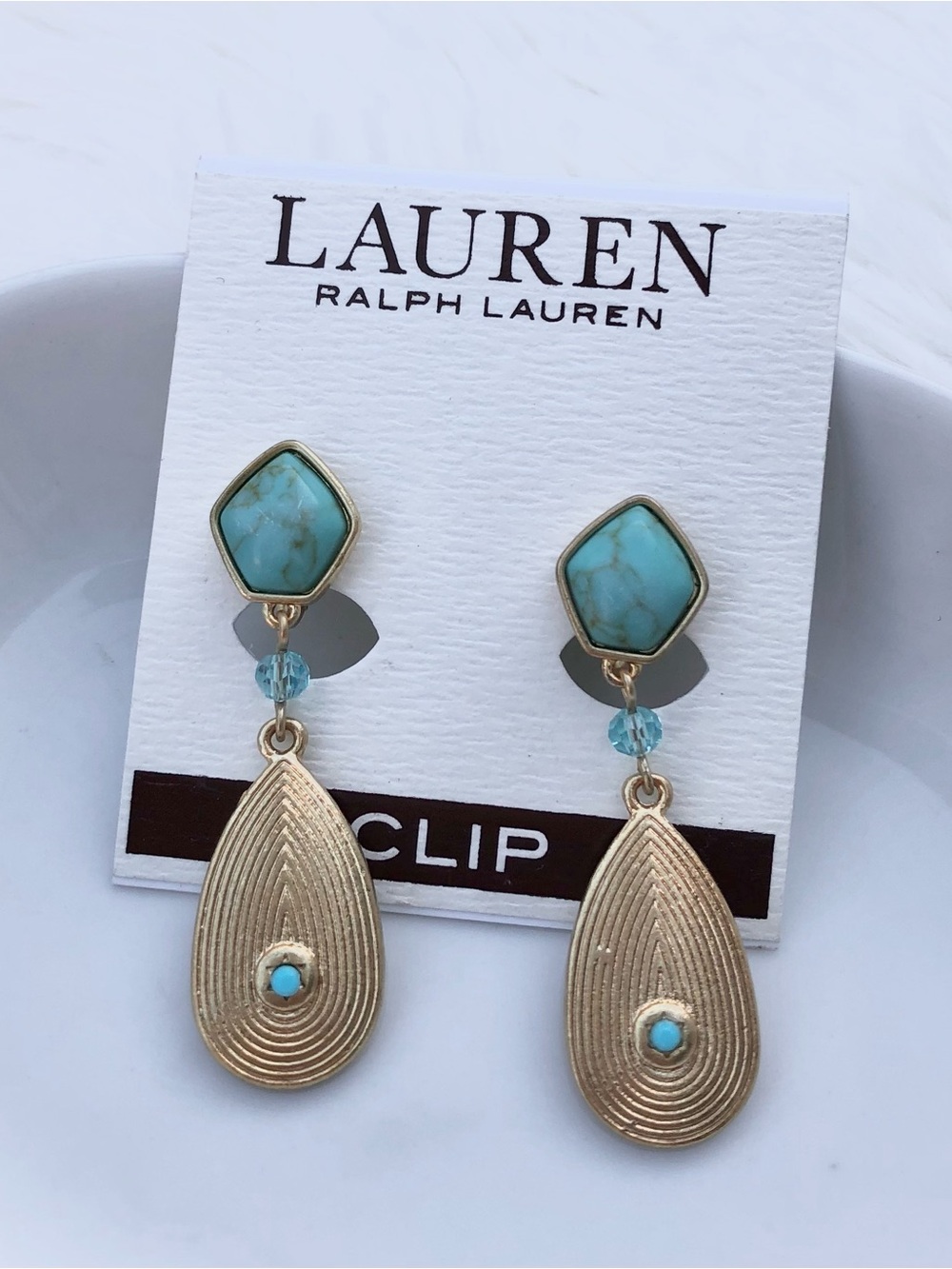 Lauren Ralph Lauren Turquoise and Gold-Tone Clip Drop Earrings